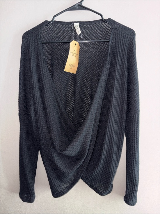 Lazy Sundays Sweaters - Lazy Sundays - Black Draped Twist V-Neck Waffle-Knit Top